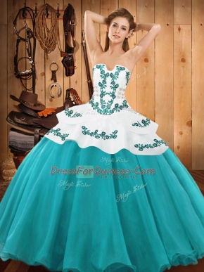 Hot Sale Teal Ball Gowns Satin and Organza Strapless Sleeveless Embroidery Floor Length Lace Up Sweet 16 Dresses