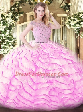 Inexpensive Lilac Ball Gowns Tulle Bateau Sleeveless Beading and Ruffled Layers Zipper 15 Quinceanera Dress Sweep Train
