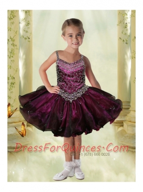 Elegant Straps Mini-length Appliques Beading Dark Purple Little Girl Dress