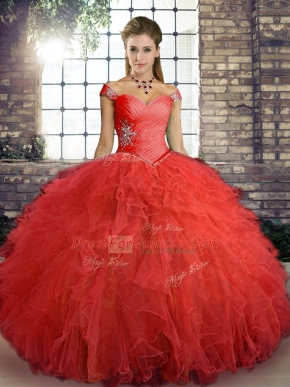 Sophisticated Orange Red Ball Gowns Tulle Off The Shoulder Sleeveless Beading and Ruffles Floor Length Lace Up Quinceanera Dress