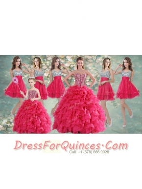 Visible Boning Coral Red Quinceanera Dress and Short Sequined Dama Dresses and Beaded and Ruffled Mini Quinceanera Dress