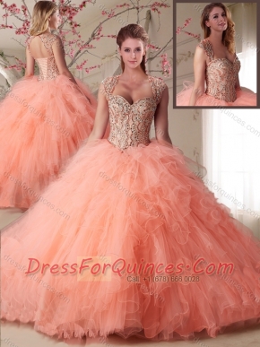 Popular Organza Peach Sweet 15th Birthday Dresses with Beading and Ruffles