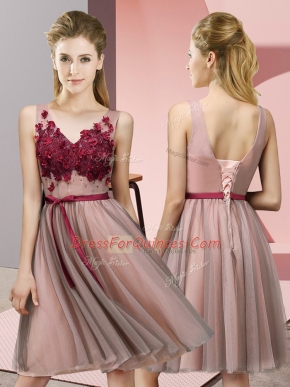 Exquisite Baby Pink V-neck Lace Up Appliques Quinceanera Dama Dress Sleeveless