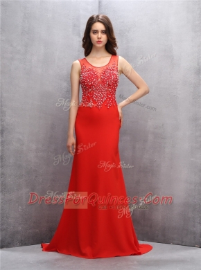 Glittering Scoop Sequins With Train Mermaid Sleeveless Red Dress for Prom Brush Train Zipper