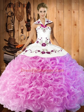 Modest Rose Pink Ball Gowns Embroidery Quince Ball Gowns Lace Up Fabric With Rolling Flowers Sleeveless Floor Length