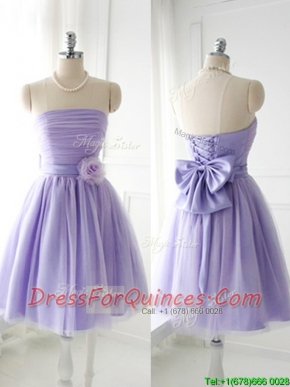 Simple Handcrafted Flower Tulle Lavender Prom Dresses with Strapless