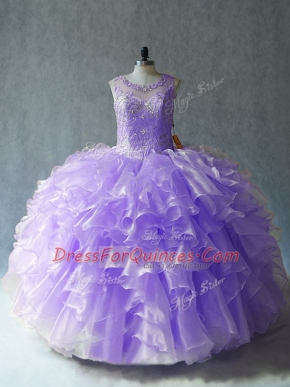 Lavender Organza Lace Up Vestidos de Quinceanera Sleeveless Floor Length Beading and Ruffles