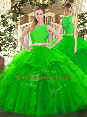 Flirting Green Two Pieces Tulle Scoop Sleeveless Ruffles Floor Length Zipper Sweet 16 Dresses