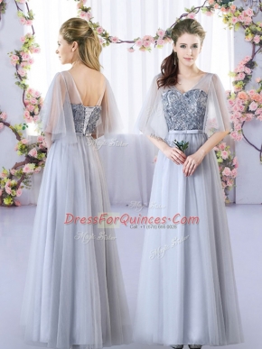 Classical Floor Length Grey Court Dresses for Sweet 16 V-neck Sleeveless Lace Up