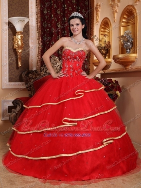 Red Ball Gown Sweetheart Floor-length Satin and Tulle Beading Quinceanera Dress