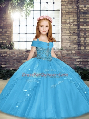 Sleeveless Floor Length Beading Lace Up Pageant Dress for Girls with Blue