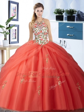 Best Selling Orange Red Halter Top Neckline Embroidery and Pick Ups Quinceanera Dress Sleeveless Lace Up
