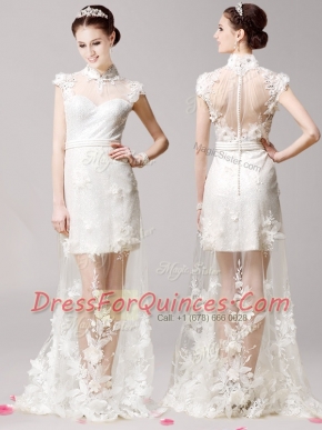 White Cap Sleeves With Train Lace and Appliques Clasp Handle Homecoming Dress