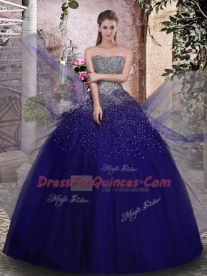 Super Royal Blue Strapless Lace Up Beading Quinceanera Dresses Sleeveless