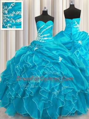 Nice Aqua Blue Sleeveless Organza Lace Up Sweet 16 Dresses for Military Ball and Sweet 16 and Quinceanera