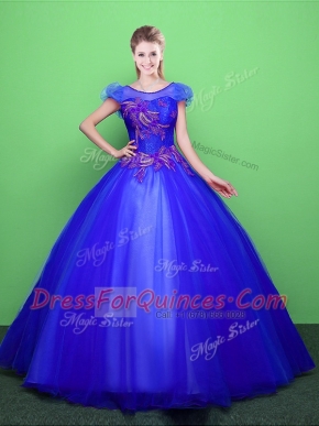 Blue Tulle Lace Up Scoop Short Sleeves Floor Length Sweet 16 Dresses Appliques