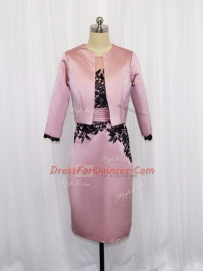Sexy Mini Length Pink Prom Evening Gown Satin Long Sleeves Lace and Appliques