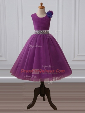 Tea Length Zipper Kids Pageant Dress Purple for Wedding Party with Beading and Hand Made Flower