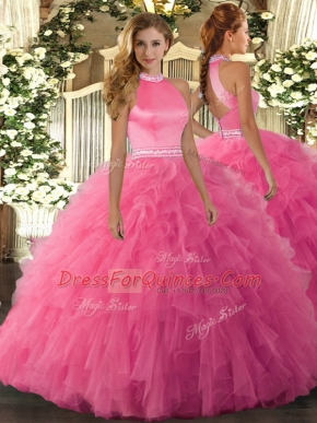 Vintage Sleeveless Floor Length Beading and Ruffles Backless Quinceanera Gowns with Hot Pink