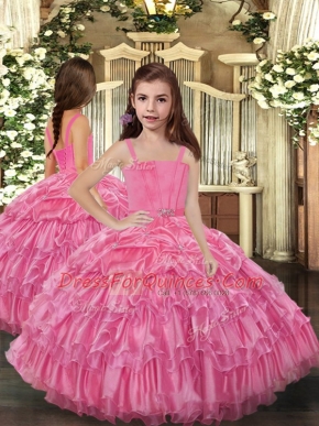 Sleeveless Floor Length Ruffled Layers Lace Up Kids Formal Wear with Rose Pink