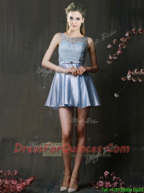 Fashionable Light Blue Short Prom Dresses with Lace and Belt