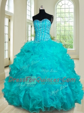 Fine Teal Sweetheart Lace Up Beading and Ruffles Quinceanera Dresses Sleeveless
