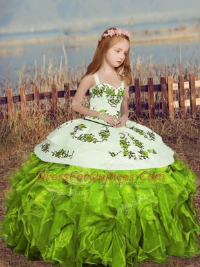 Latest Yellow Green Straps Neckline Embroidery and Ruffles Little Girl Pageant Gowns Sleeveless Lace Up