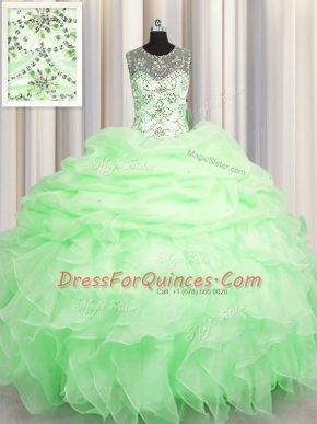 Scoop See Through Sleeveless Lace Up Floor Length Beading and Ruffles and Pick Ups Quinceanera Gown