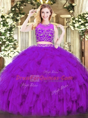 High Quality Scoop Sleeveless Zipper 15th Birthday Dress Purple Tulle