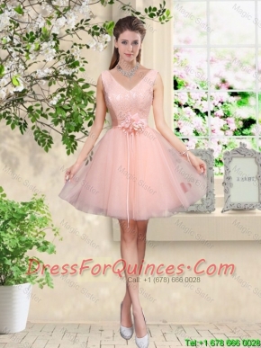 Decent V Neck Baby Pink Prom Dresses with Hand Made Flowers