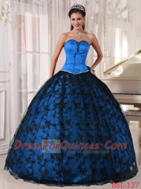 Sweetheart Blue and Black Floor-length Tulle and Taffeta Lace For Sweet 16 Dresses