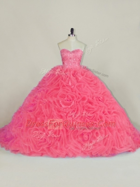 Sleeveless Court Train Beading and Ruffles Lace Up Quince Ball Gowns