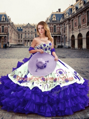 Sleeveless Organza Floor Length Lace Up Quinceanera Dresses in Purple with Embroidery and Ruffled Layers