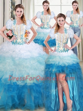 Top Selling Four Piece Sweetheart Sleeveless Quinceanera Gowns Floor Length Beading and Appliques and Ruffles Multi-color Organza