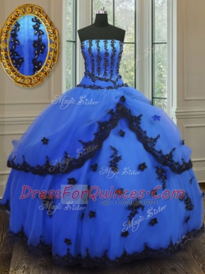 Exceptional Sleeveless Floor Length Appliques Lace Up Quinceanera Dresses with Blue