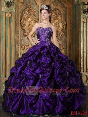 Sweetheart Pick-ups Appliques Taffeta Purple Organza Best Quinceanera Dresses