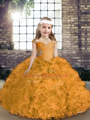 Latest Straps Sleeveless Child Pageant Dress Asymmetrical Beading Gold Fabric With Rolling Flowers