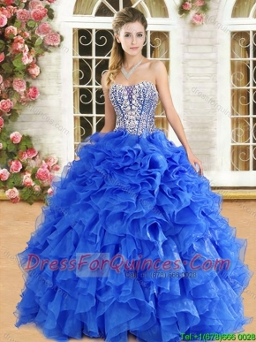 Popular Organza Royal Blue Quinceanera Gown with Beading and Ruffles