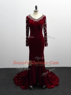 Brush Train Column/Sheath Dress for Prom Burgundy V-neck Elastic Woven Satin Long Sleeves Zipper