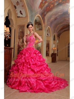 Red Ball Gown Spaghetti Straps Floor-length Organza Embroidery Quinceanera Dress