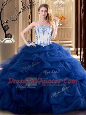 New Arrival Royal Blue Lace Up Sweet 16 Dress Embroidery and Ruffled Layers Sleeveless Floor Length