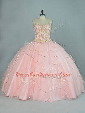 Popular Peach Straps Neckline Beading and Ruffles Quinceanera Dress Sleeveless Lace Up