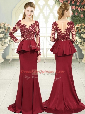 Long Sleeves Sweep Train Zipper Lace and Appliques Dress for Prom
