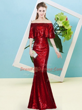 Half Sleeves Floor Length Sequins Zipper Prom Dress with Wine Red