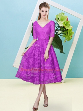 Traditional V-neck Half Sleeves Lace Dama Dress for Quinceanera Bowknot Lace Up