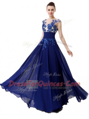 Blue High-neck Zipper Beading and Appliques Evening Dress Cap Sleeves