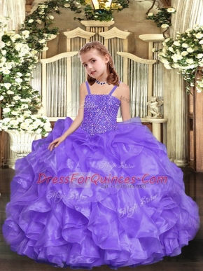 Hot Sale Lavender Sleeveless Floor Length Beading and Ruffles Lace Up Little Girls Pageant Dress Wholesale