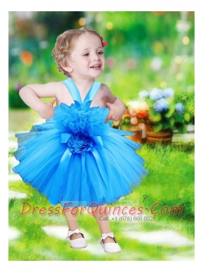 2014 Straps Short Tea-length Little Girl Dress with  Hand Made Flowers