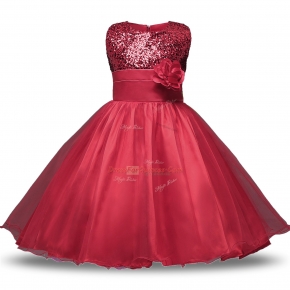 Knee Length Wine Red Flower Girl Dresses for Less Scoop Sleeveless Zipper