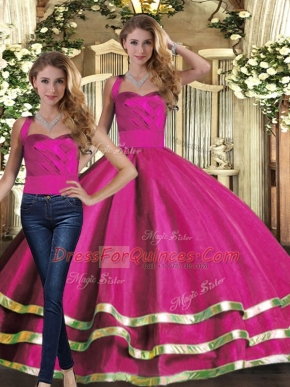 Sumptuous Fuchsia Halter Top Neckline Ruffled Layers Quinceanera Gown Sleeveless Lace Up